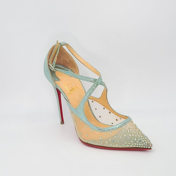 Christian Louboutin Pumps Strass Twistissima 85 Teal Blue Crystal Mesh Heels 38 - Picture 3 of 8